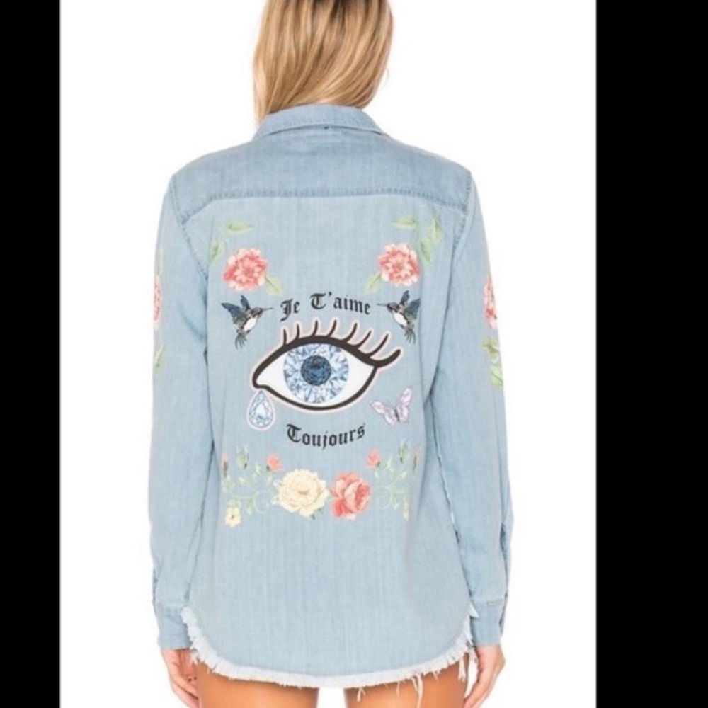 RARE! Lauren Moshi Sloane Love You Forever long-sleeve button-up denim shirt S